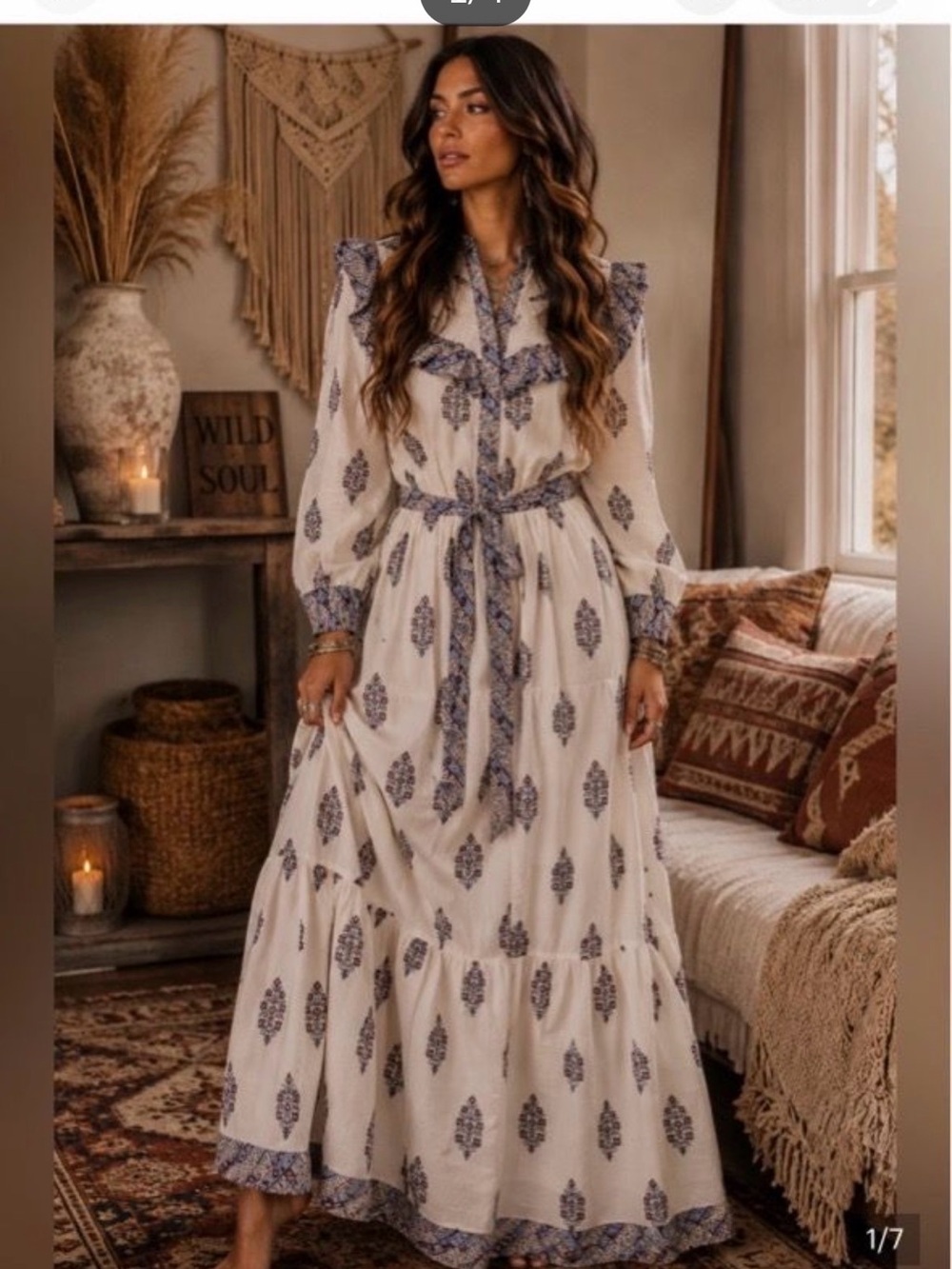 Sonmer Bohemian Cream Maxi Dress with Blue Print and Tie Waist